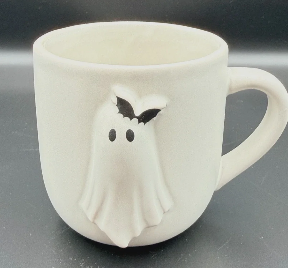 Pottery Barn Scary Squad White Stoneware Coffee Mug Ghost w/ Black Bat Bow 3D
